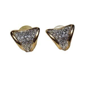 Vintage Unsigned Designer Gold Plated Triangle Pave Rhinestone Pierced Earrings